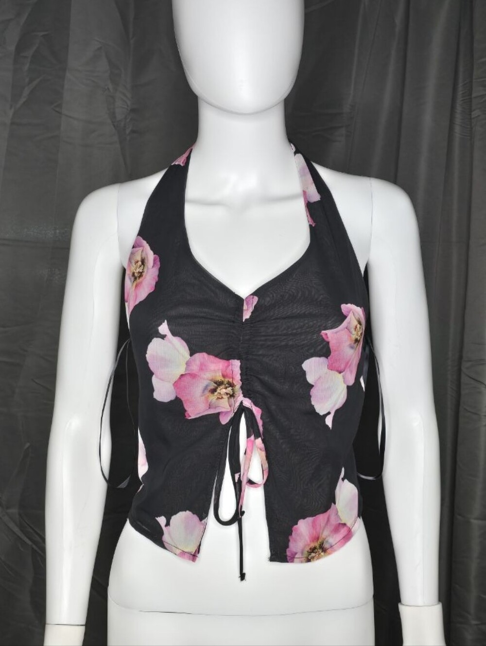 silence + noise Black Halter Tie-Front Camisole with Pink Floral Print